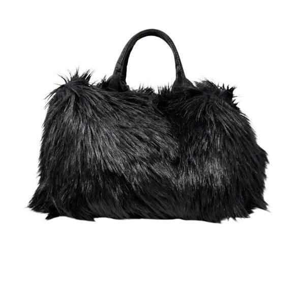 PRADA Vintage Faux Fur Fabric Tote Bag Black Silver Charm Triangle Logo [106226] - Picture 6 of 15